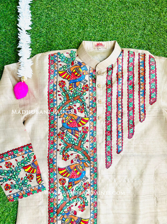 Beige Mayuri Hand-painted Handloom Men's Tussar Silk Kurta