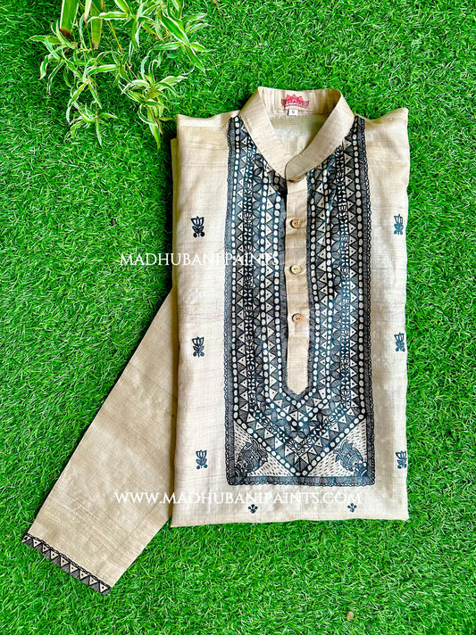 Mithila Kamal Matsya Leela Hand-painted Madhubani Men's Tussar Silk Kurta