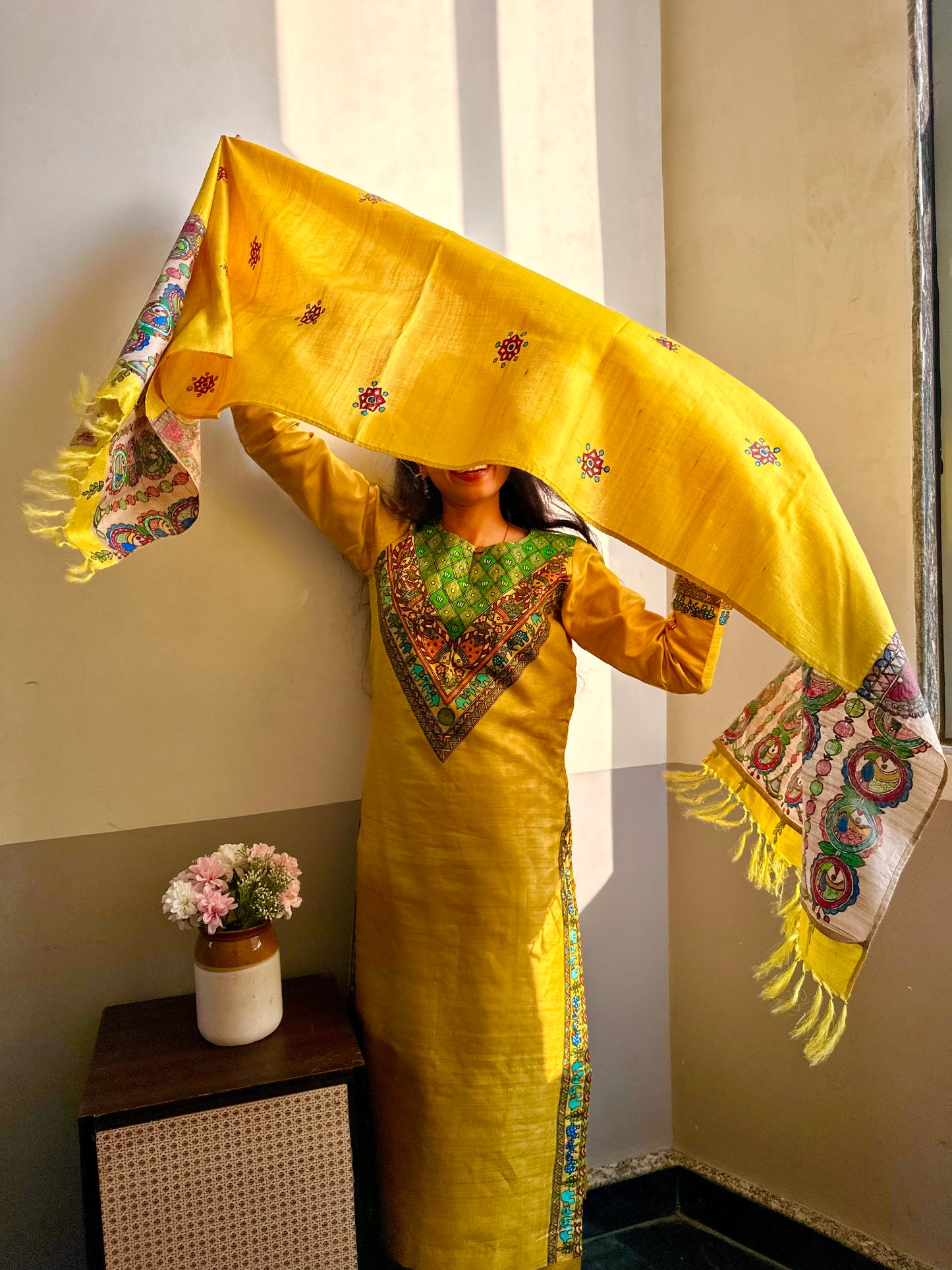 Fish Hand-painted Madhubani Tussar Silk Stole