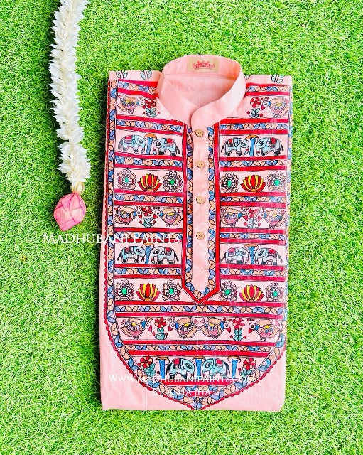 Pink Hathi Mor Machli Hand-painted Madhubani Men's Cotton Kurta