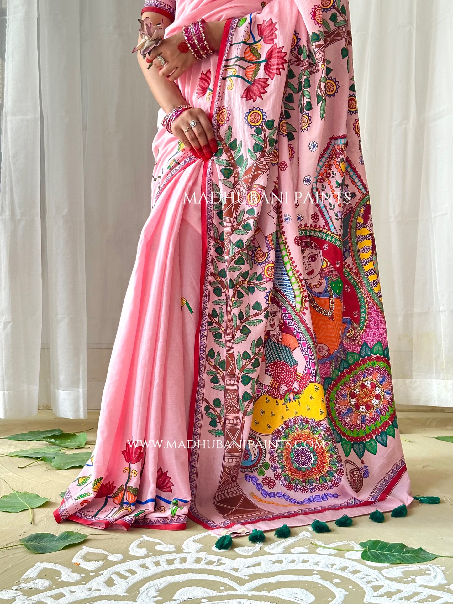 Madhushravani Pink Bridal Hand-painted Madhubani Painting Cotton Saree