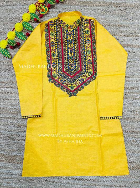 Yellow Surmai Kamal Hand-painted Madhubani Men's Cotton Kurta
