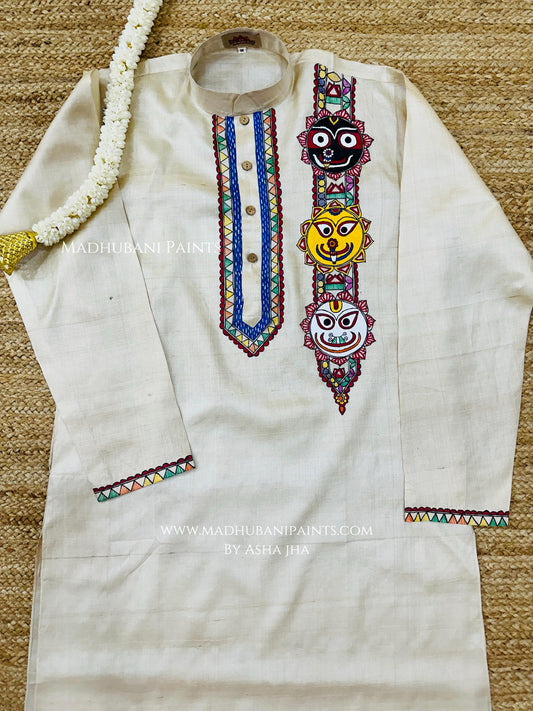 Lord Jagannatha, Subhadra and Balabhadra Hand-painted Madhubani Men's Tussar Silk Kurta
