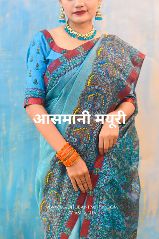 AASMANI MAYURI Handpainted Madhubani Chanderi Saree Blouse Set