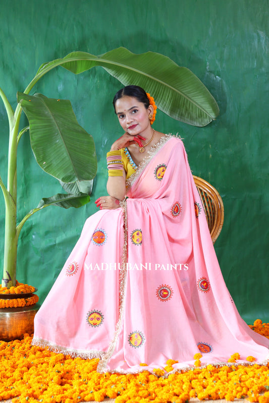 SURYA Chhath Puja Handpainted Madhubani Mul Cotton Saree