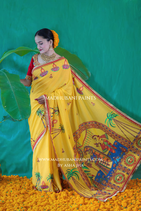 CHHATH PARV Hand painted Madhubani Mul Cotton Saree