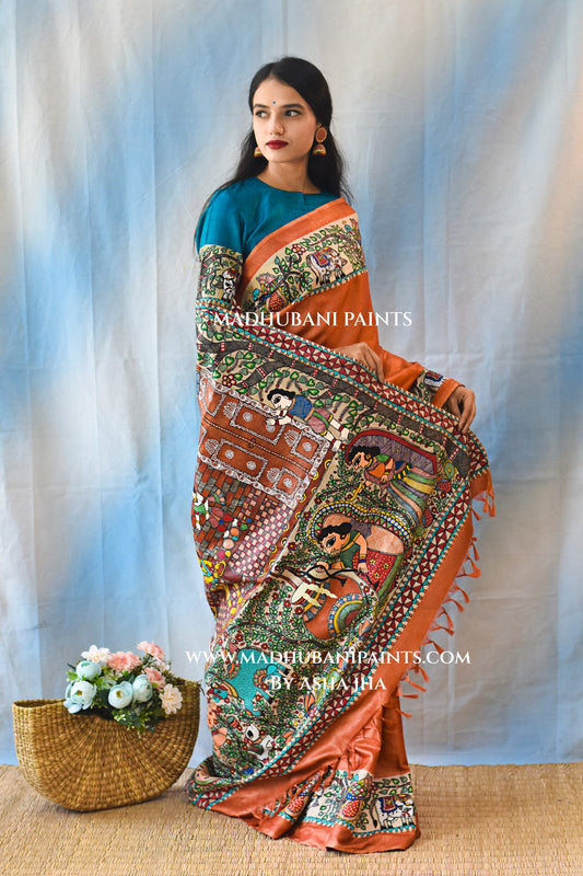 KANHA KI MAAKHAN LEELA Handpainted Madhubani Tussar Silk Saree Blouse Set