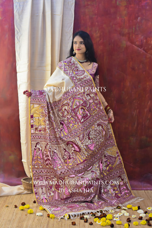 SUHAGIN Hand-painted Madhubani Tussar Silk Saree