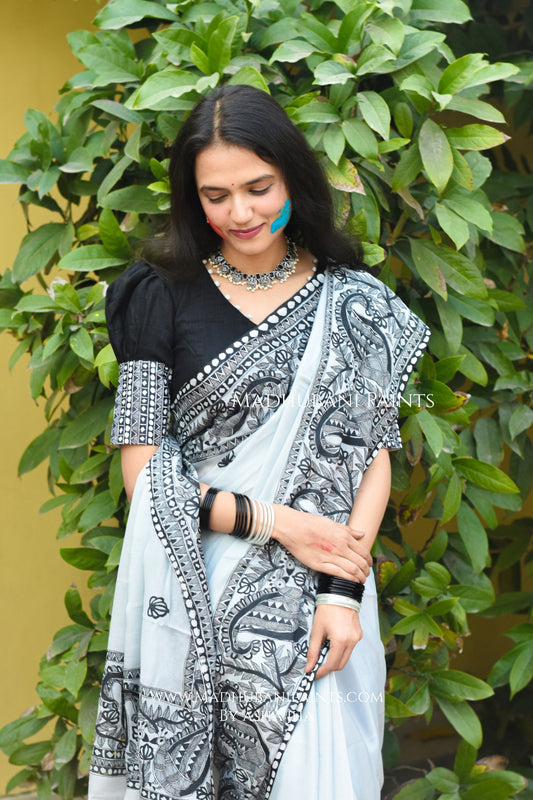 KUSUMAKAR Hand-painted Madhubani Chiffon Saree