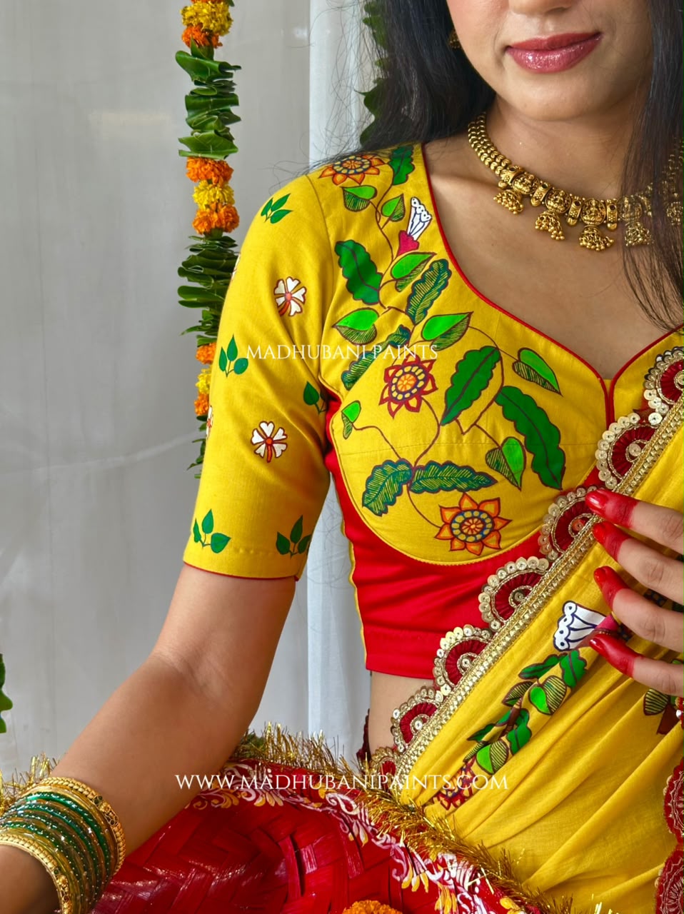 Madhushravani Yellow Bridal Hand-painted Madhubani Painting Cotton Saree Blouse Set