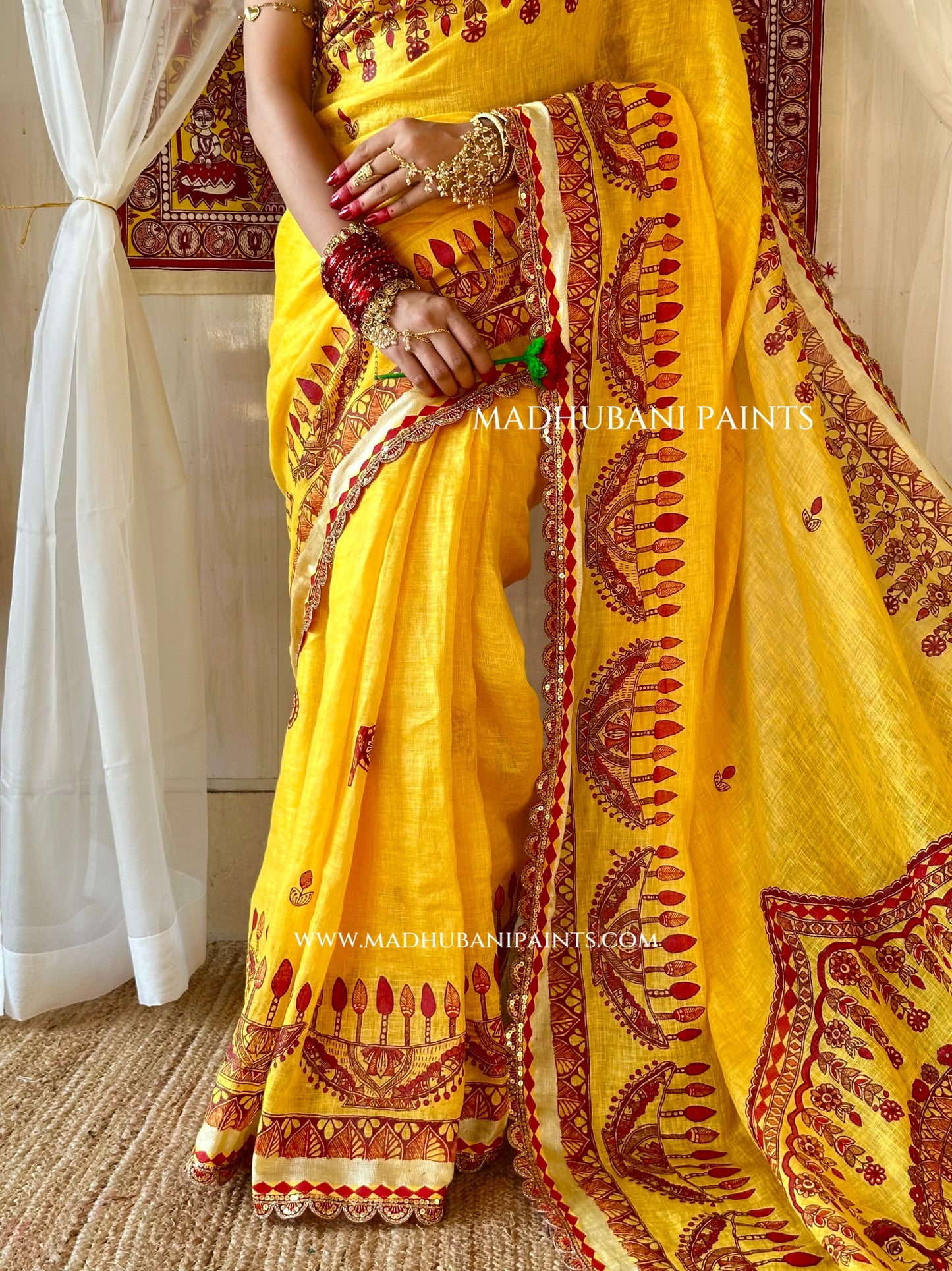 Haldi Bridal Hand-painted Madhubani Painting Saree Blouse Set