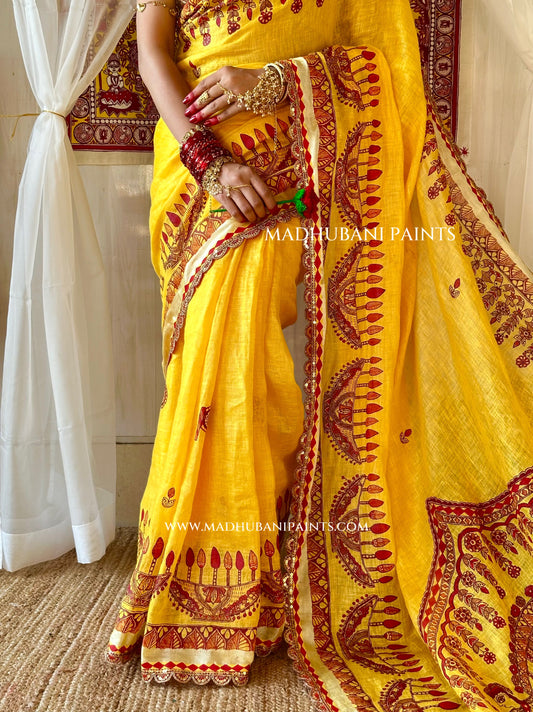 Haldi Bridal Hand-painted Madhubani Painting Saree Blouse Set