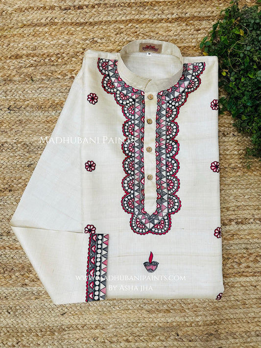 Phool Diya Men's Hand-painted Beige Madhubani Tussar Silk Kurta