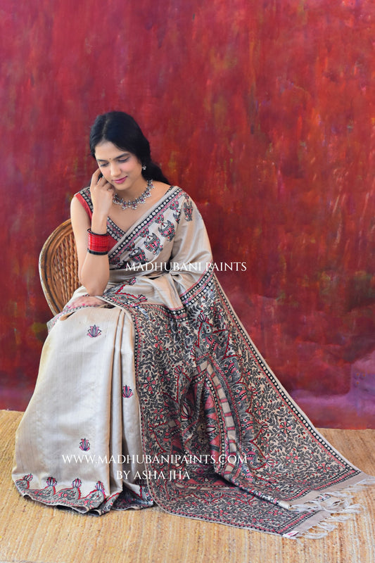 LAAL KAMAL MANDALI Hand-painted Madhubani Tussar Silk Saree
