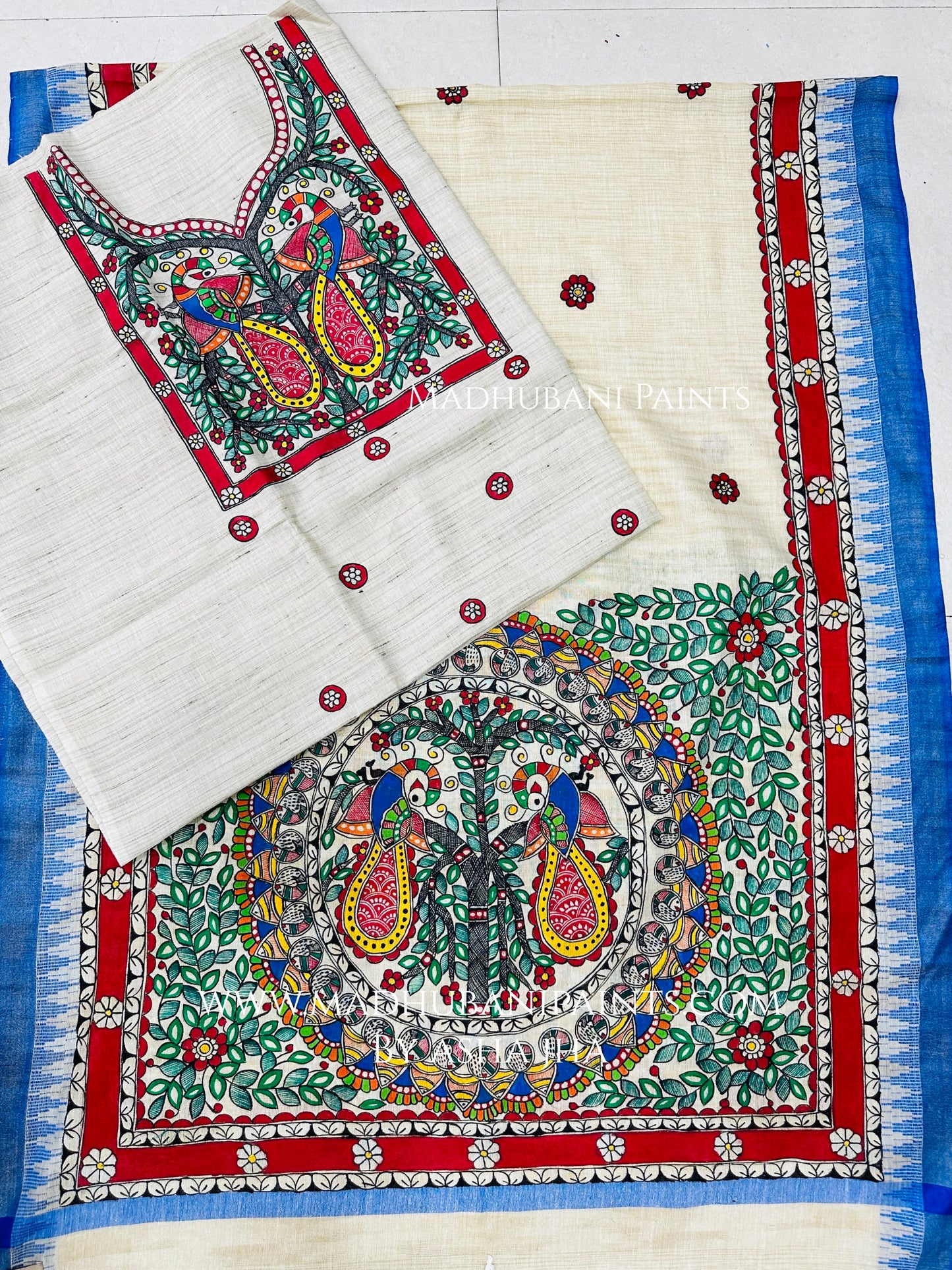 Judwa Mayuri Hand-painted Madhubani Painting Cotton Unstitched Kurta Pant Dupatta Set