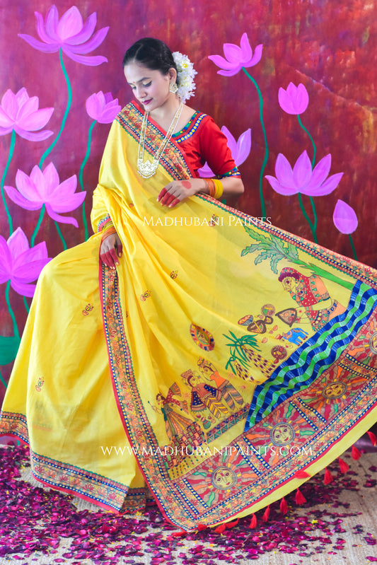 Surya Kiran Chhath Puja Hand painted Madhubani Mul Cotton Saree