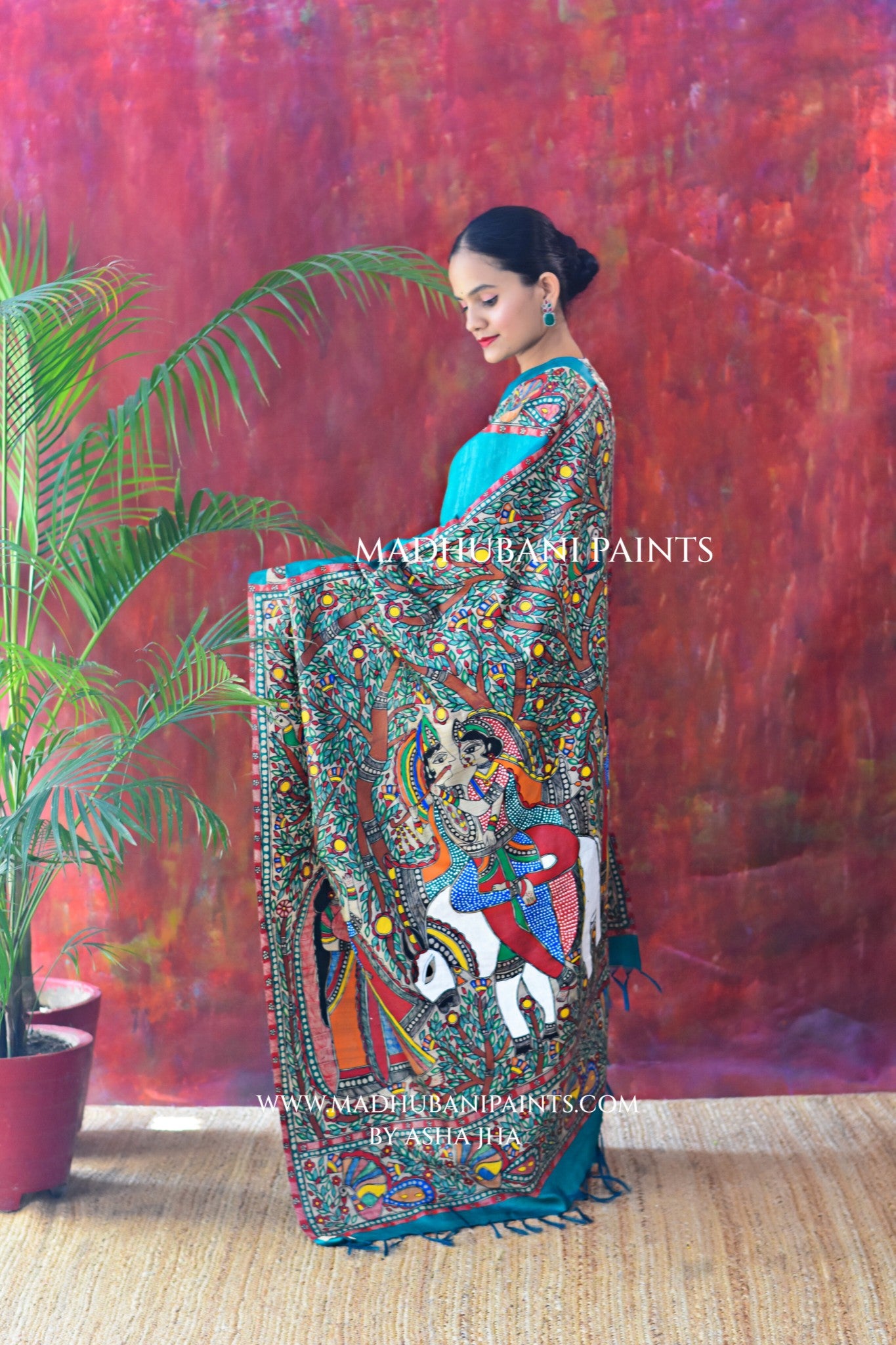 ANANDMAYI Handpainted Madhubani Tussar Silk Saree Blouse Set