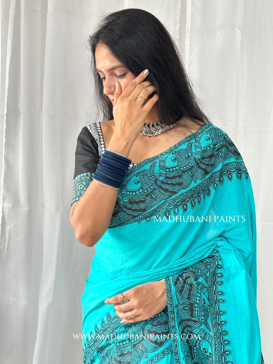 Aasmani Shringar Hand-painted Madhubani Painting Cotton Saree