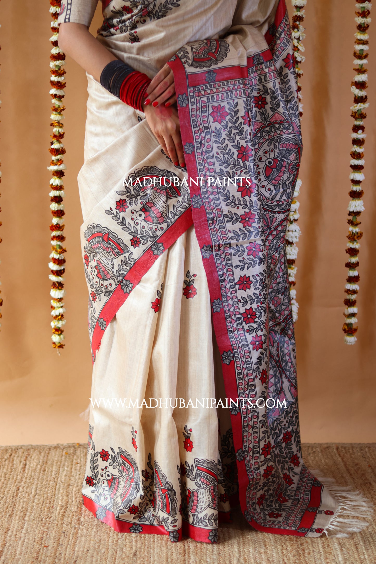 'MORNI' Handpainted Madhubani Tussar Silk Saree Blouse Set