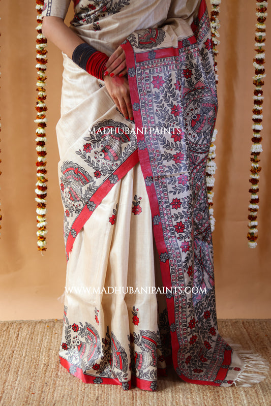 'MORNI' Handpainted Madhubani Tussar Silk Saree