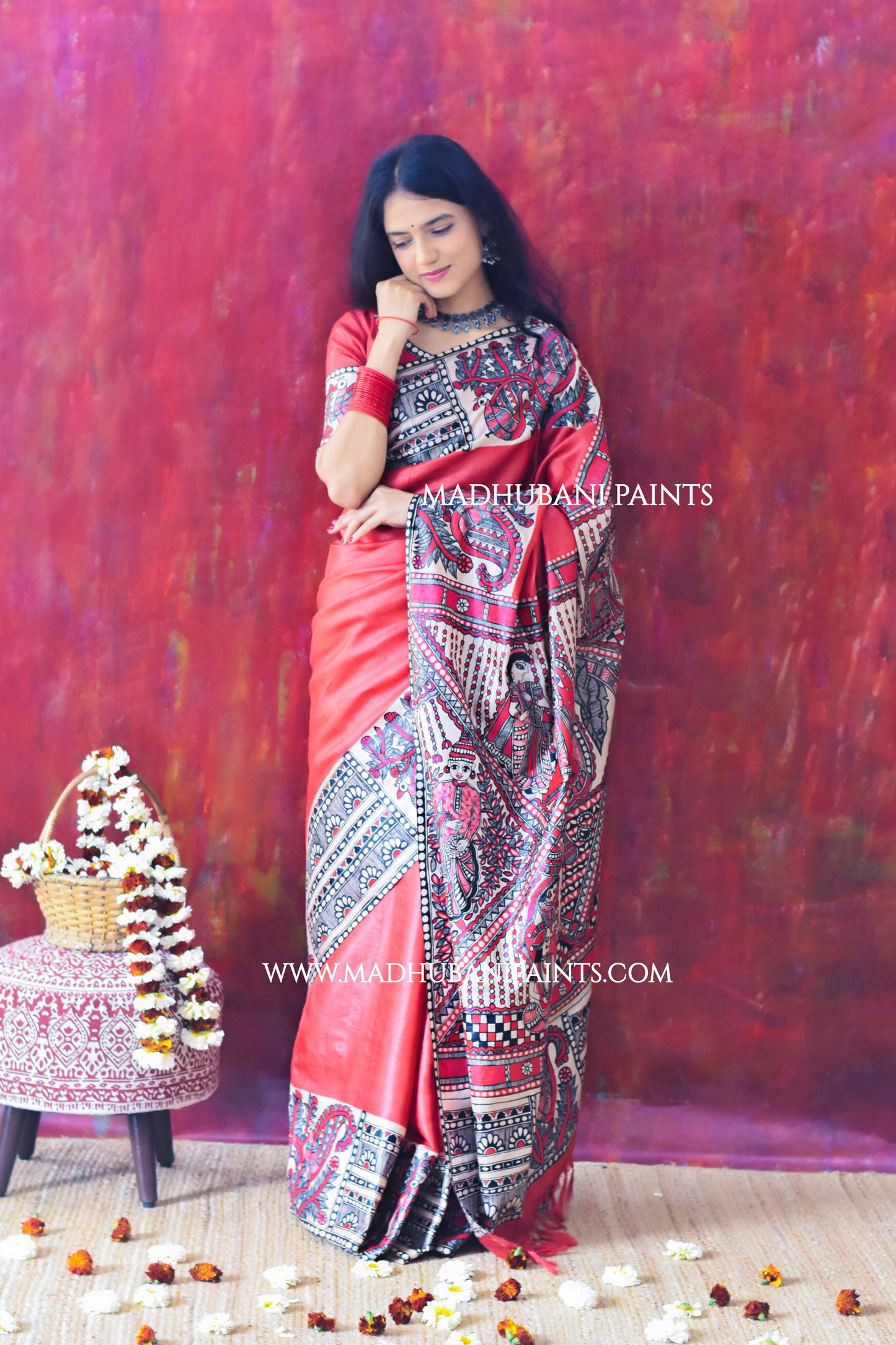 RED BENGALI WEDDING Hand-painted Madhubani Tussar Silk Saree
