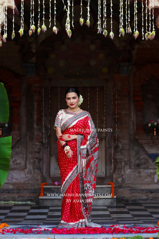 TRINETRA Handpainted Tussar Silk Madhubani Saree
