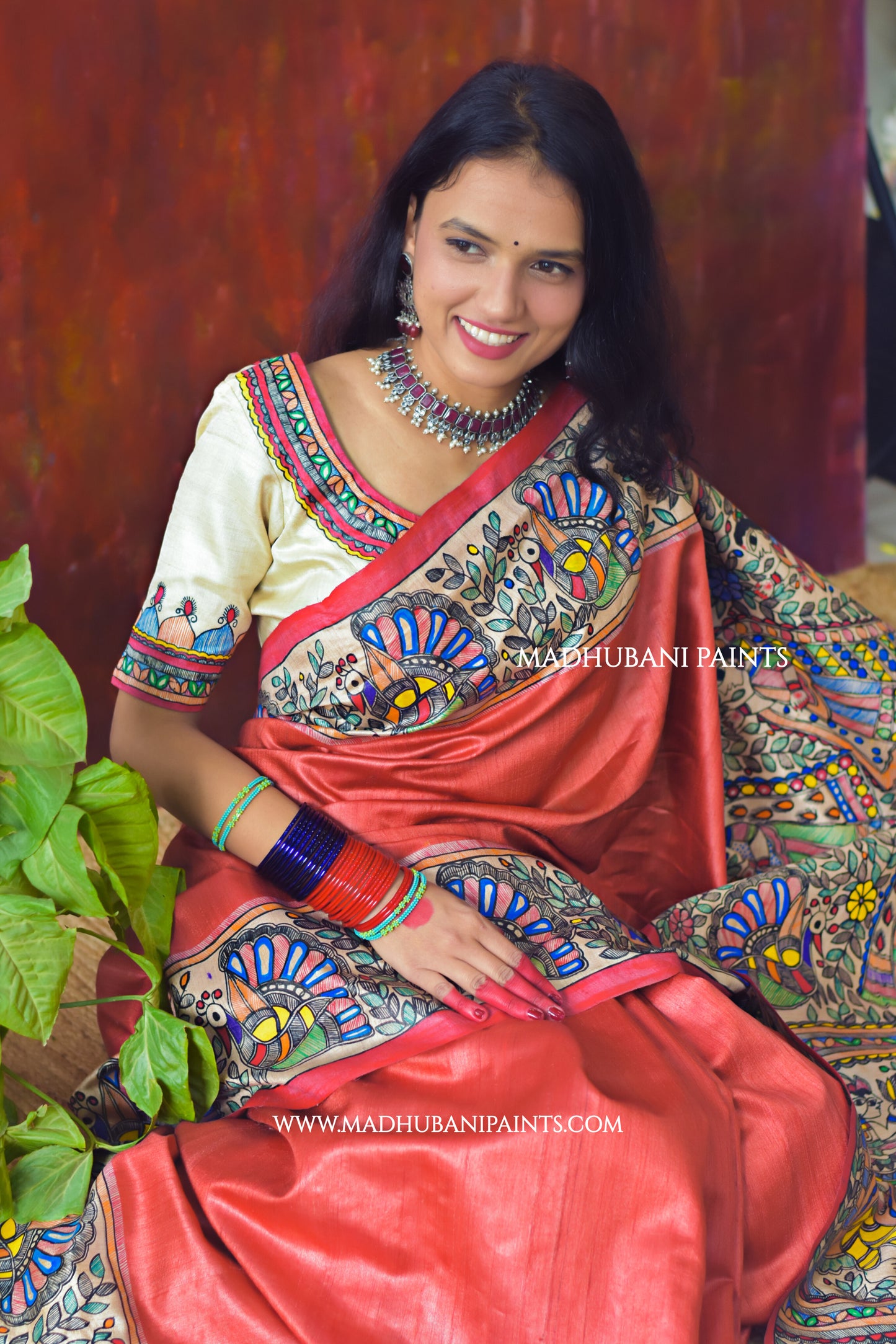 "Laal Ramayan" Hand-painted Madhubani Tussar Silk Saree Blouse Set