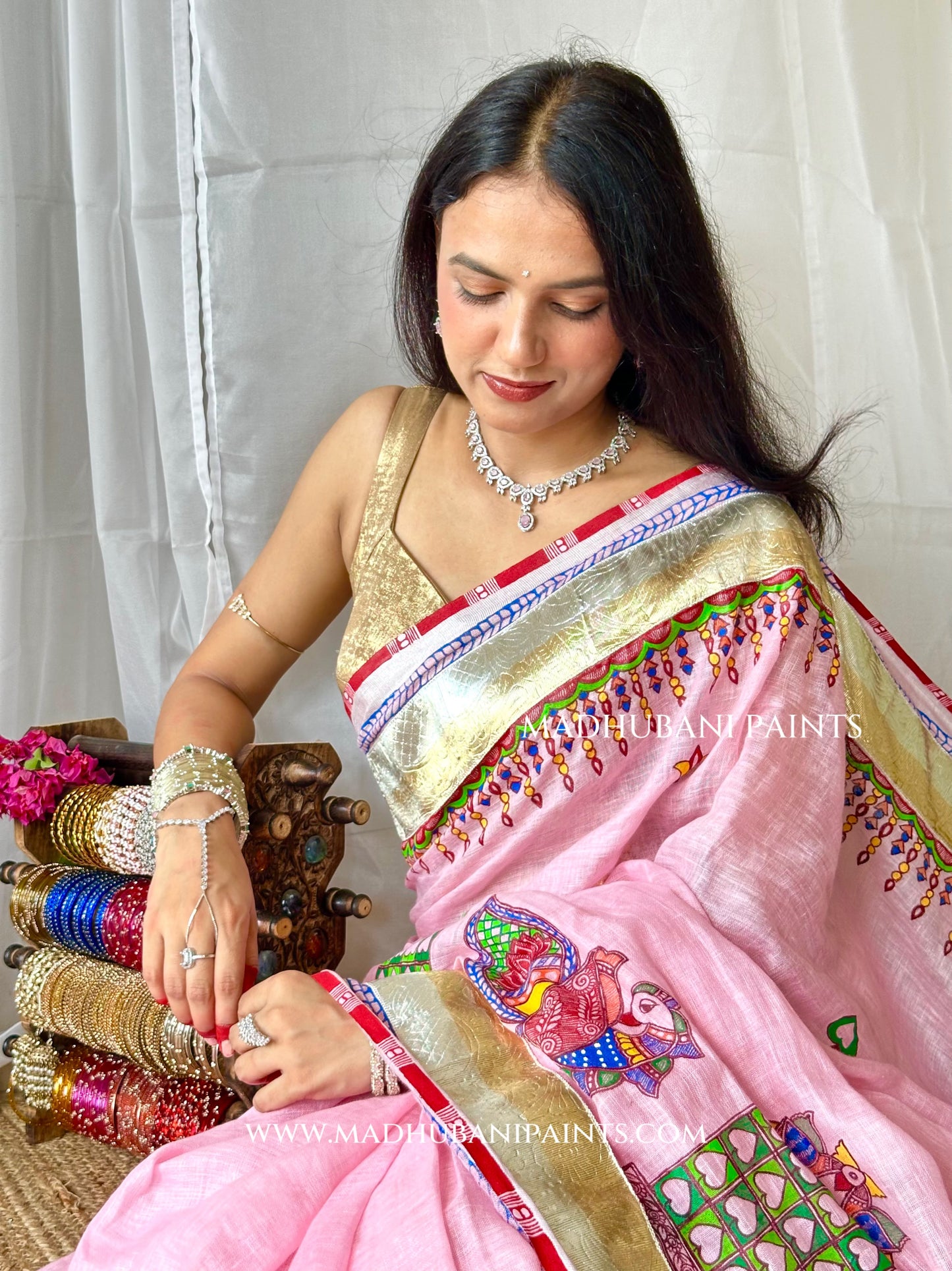 Gulabi Bridal Hand-painted Madhubani Painting Saree