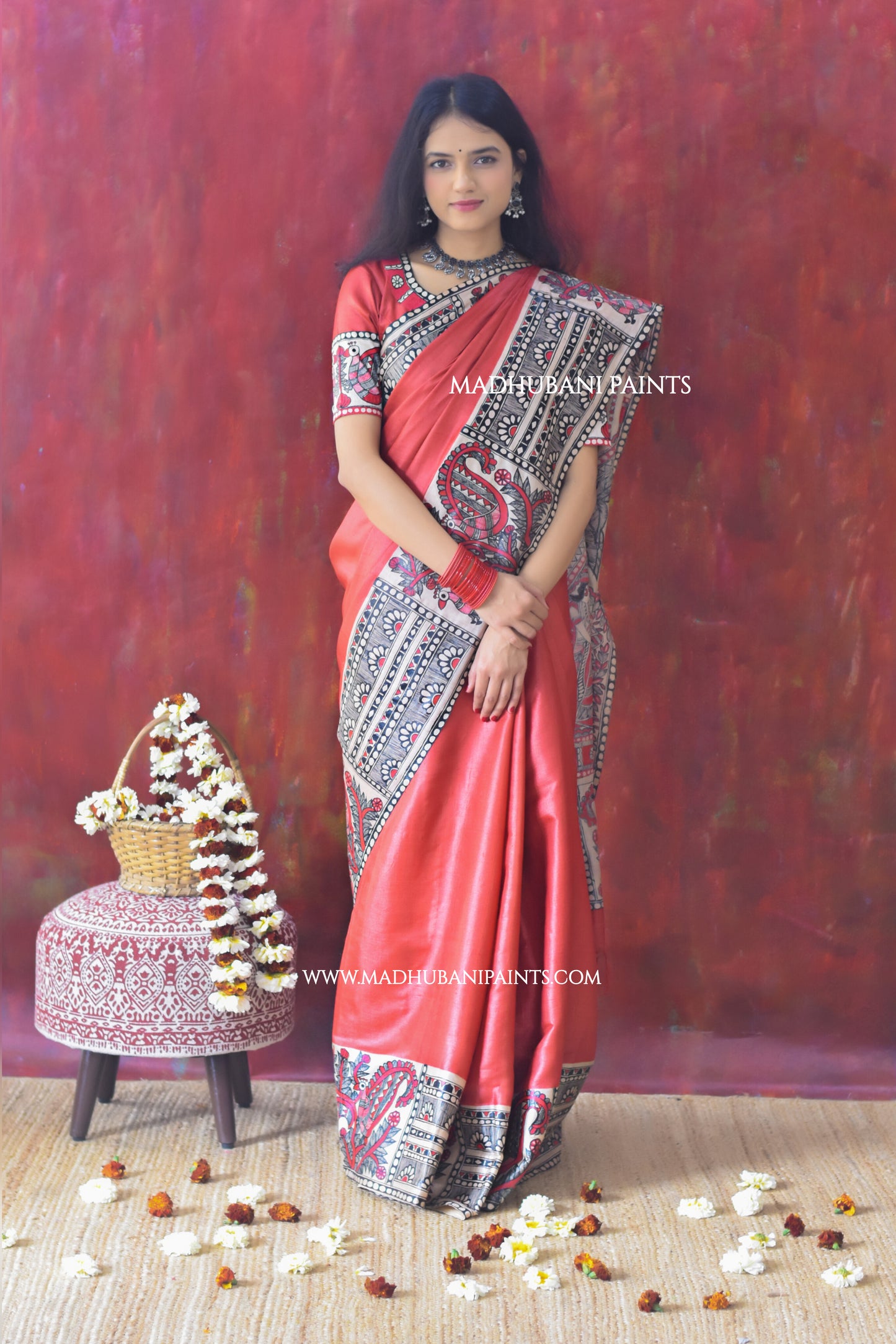 RED BENGALI WEDDING Hand-painted Madhubani Tussar Silk Saree