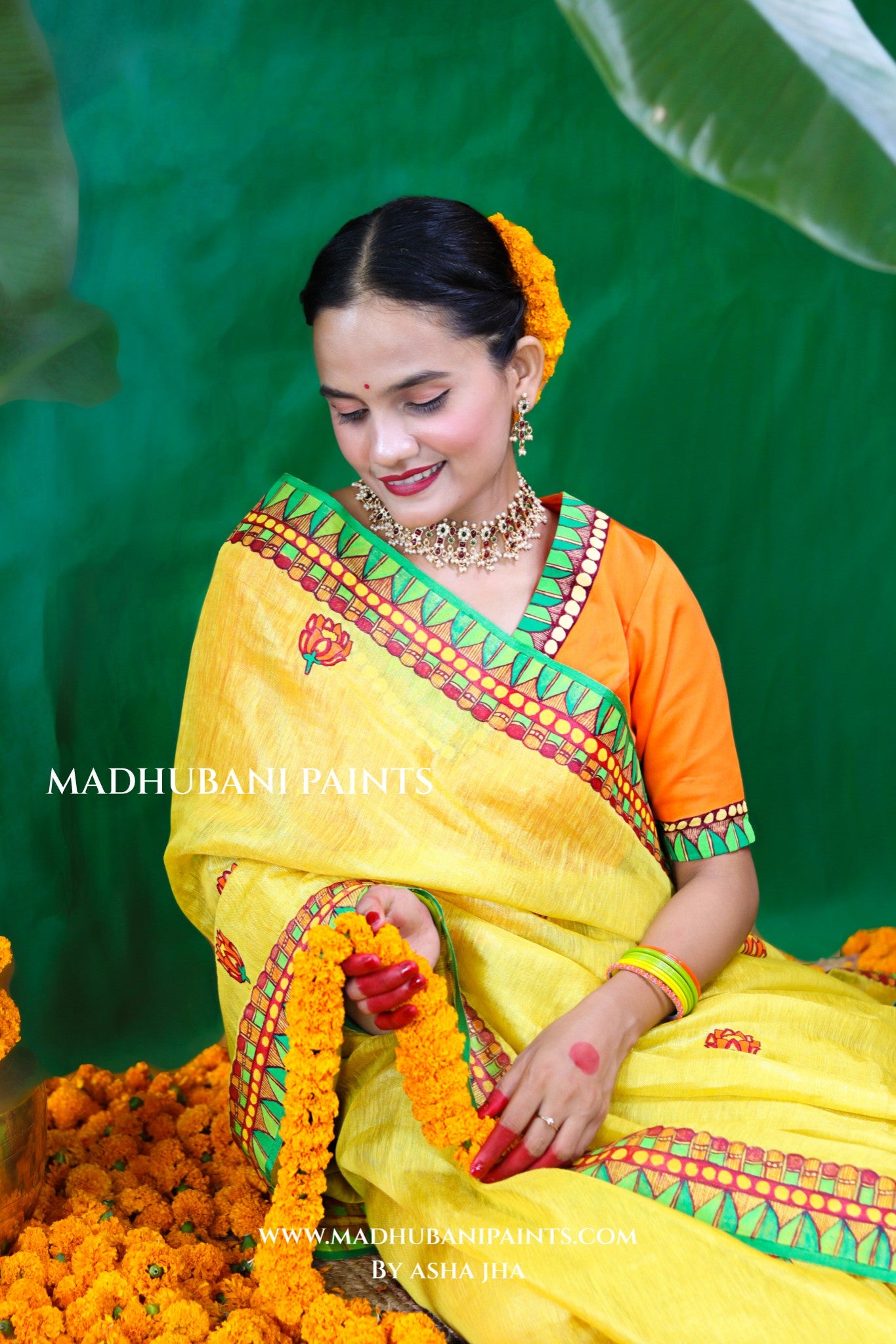 VRATI Chhath Puja Handpainted Madhubani Tissue Linen Saree Blouse Set