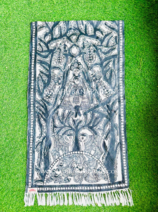 Madhubani Krishna Full Tussar Silk Madhubani Hand-painted Stole
