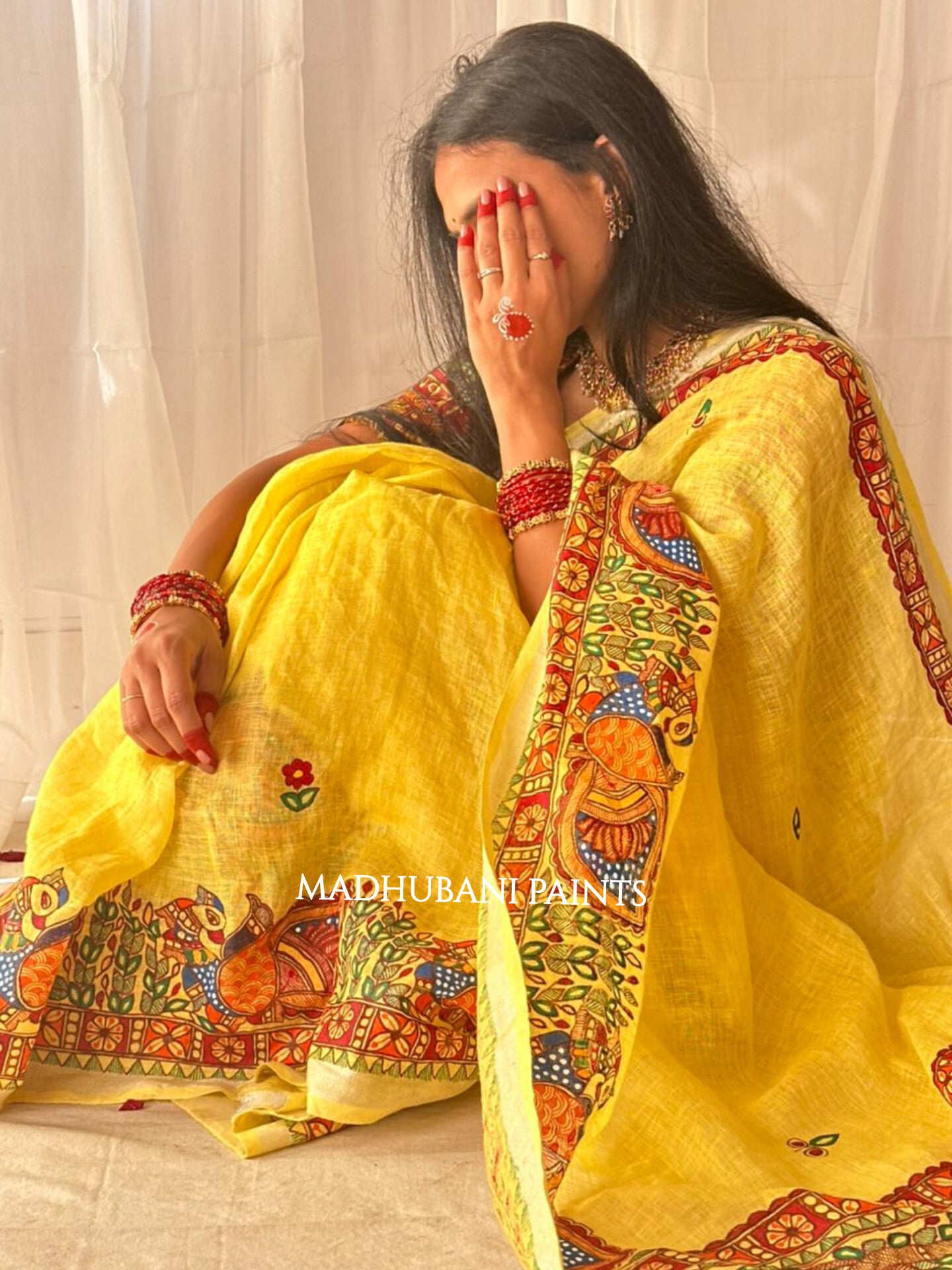 Linen Bridal Hand-painted Madhubani Painting Saree Blouse Set