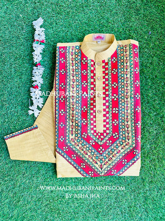 Yellow Phool Kamal Hand-painted Madhubani Men's Cotton Kurta