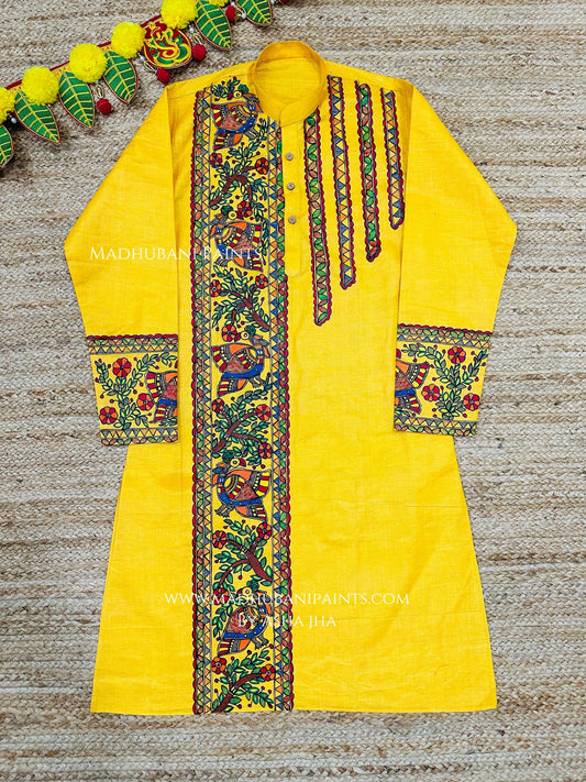 Yellow Mayuri Hand-painted Handloom Men's Cotton Kurta