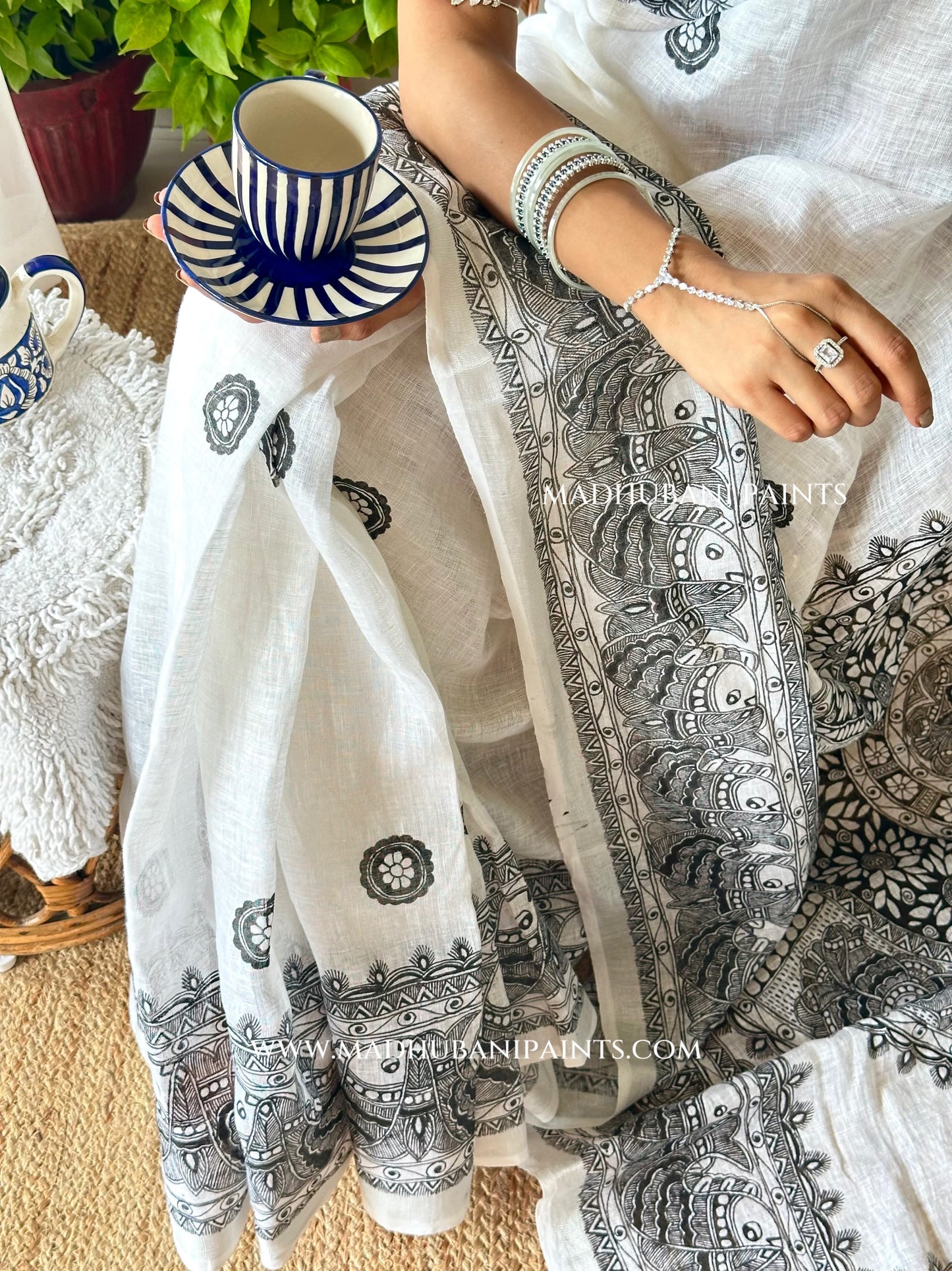 Linen Sagar Shringar Hand-painted Madhubani Painting Saree