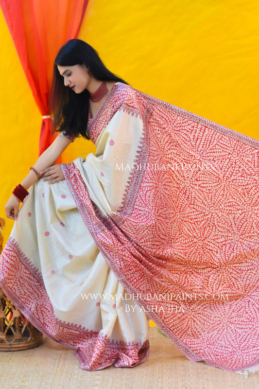Laal Patta Handpainted Tussar Silk Saree