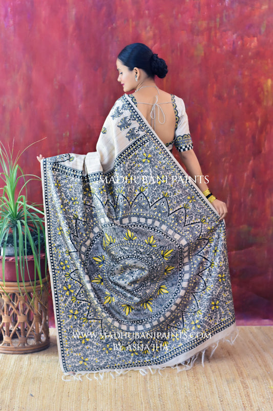 KAMAL MANDALA Hand-painted Madhubani Tussar Silk Saree