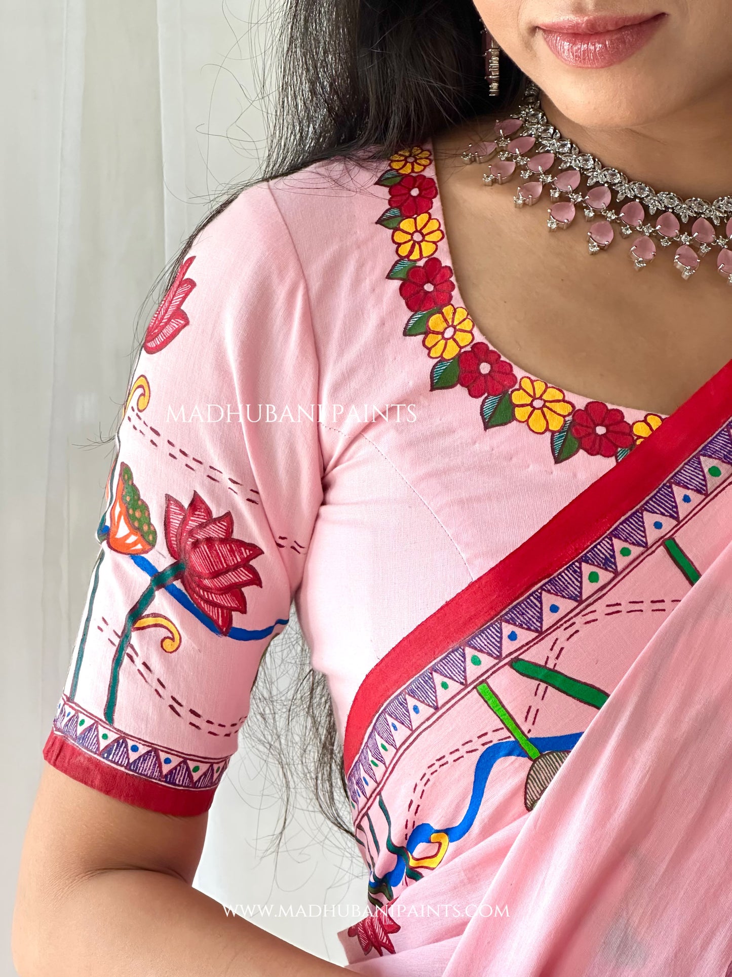 Madhushravani Pink Bridal Hand-painted Madhubani Painting Cotton Saree