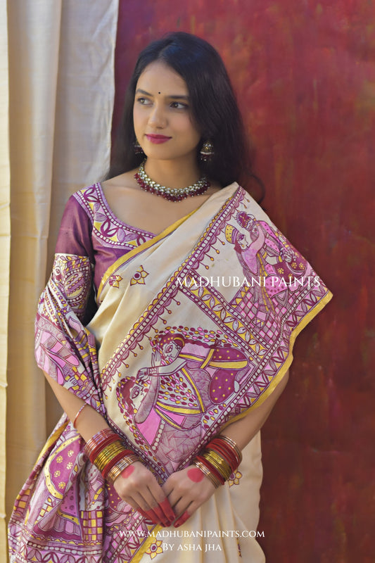 SUHAGIN Hand-painted Madhubani Tussar Silk Saree