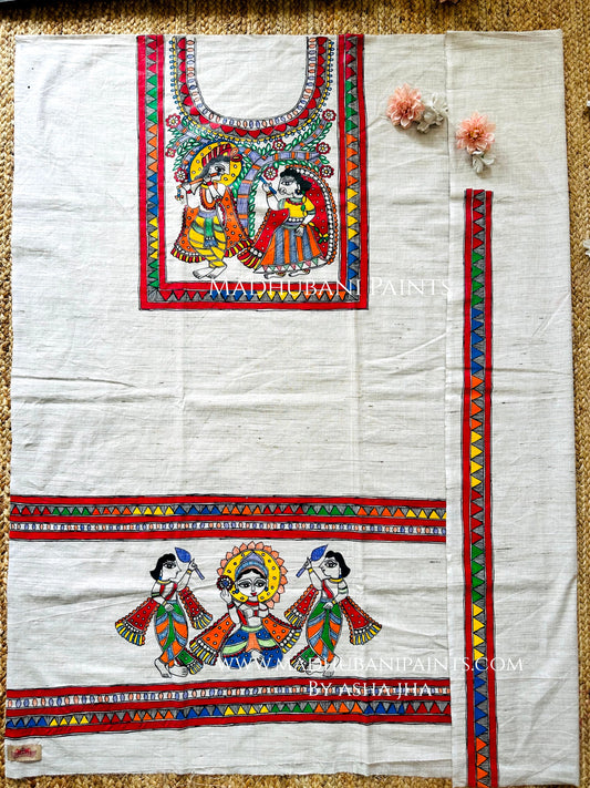 Krishna Leela Hand-painted Madhubani Painting Cotton Unstitched Kurta
