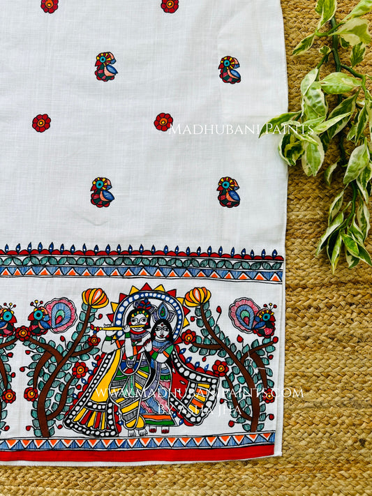 White Radha Krishna Mayuri Men’s Hand-painted Handloom Cotton Kurta
