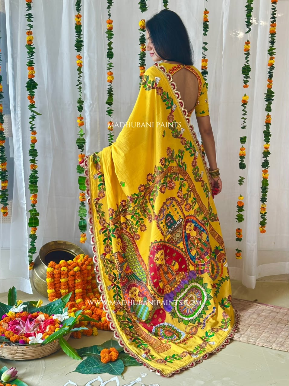 Madhushravani Yellow Bridal Hand-painted Madhubani Painting Cotton Saree