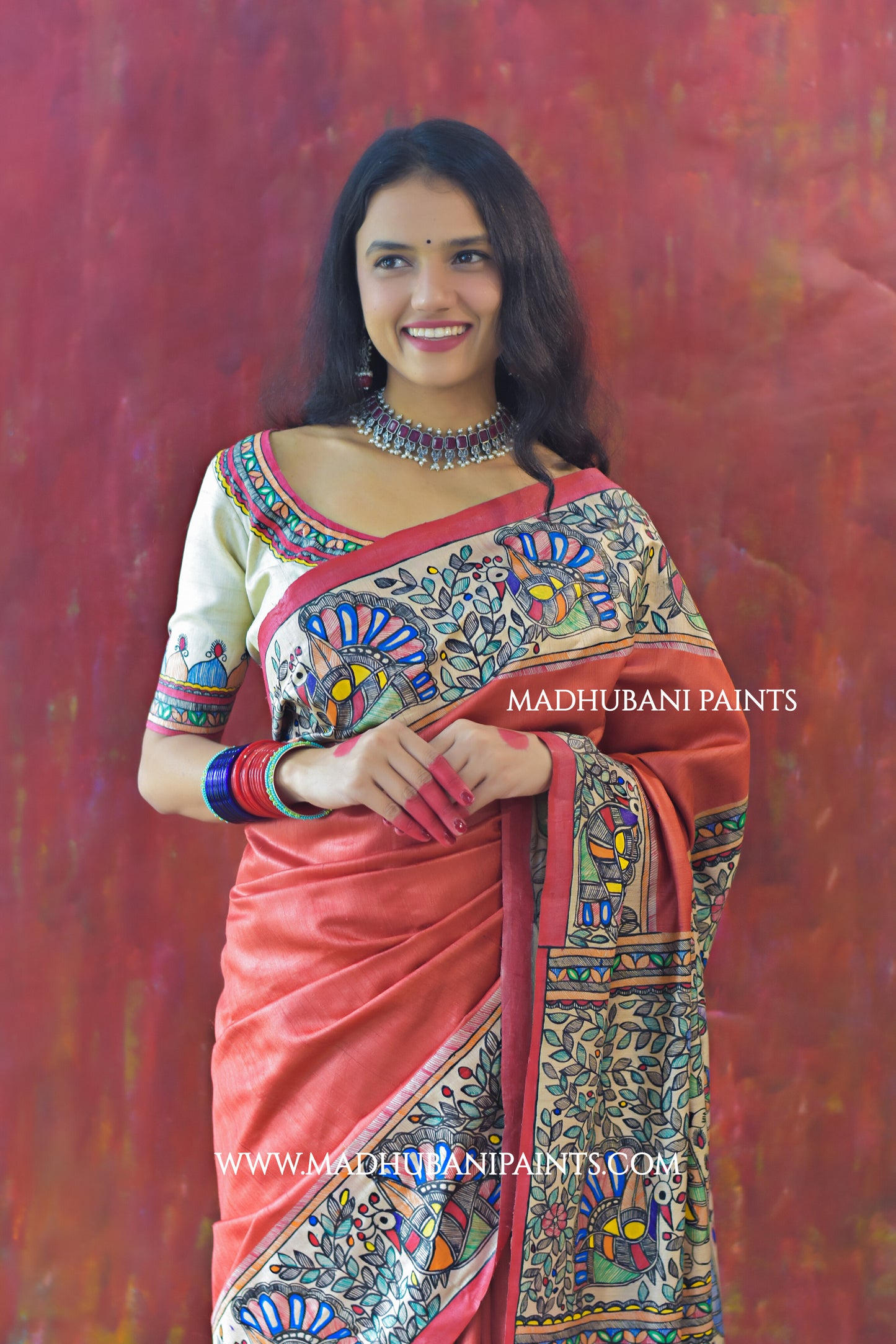 "Laal Ramayan" Hand-painted Madhubani Tussar Silk Saree Blouse Set