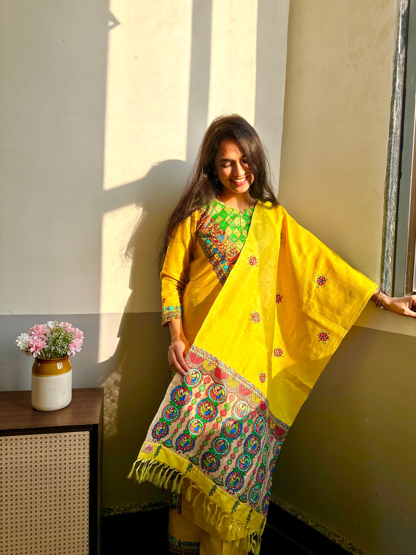 Fish Hand-painted Madhubani Tussar Silk Stole