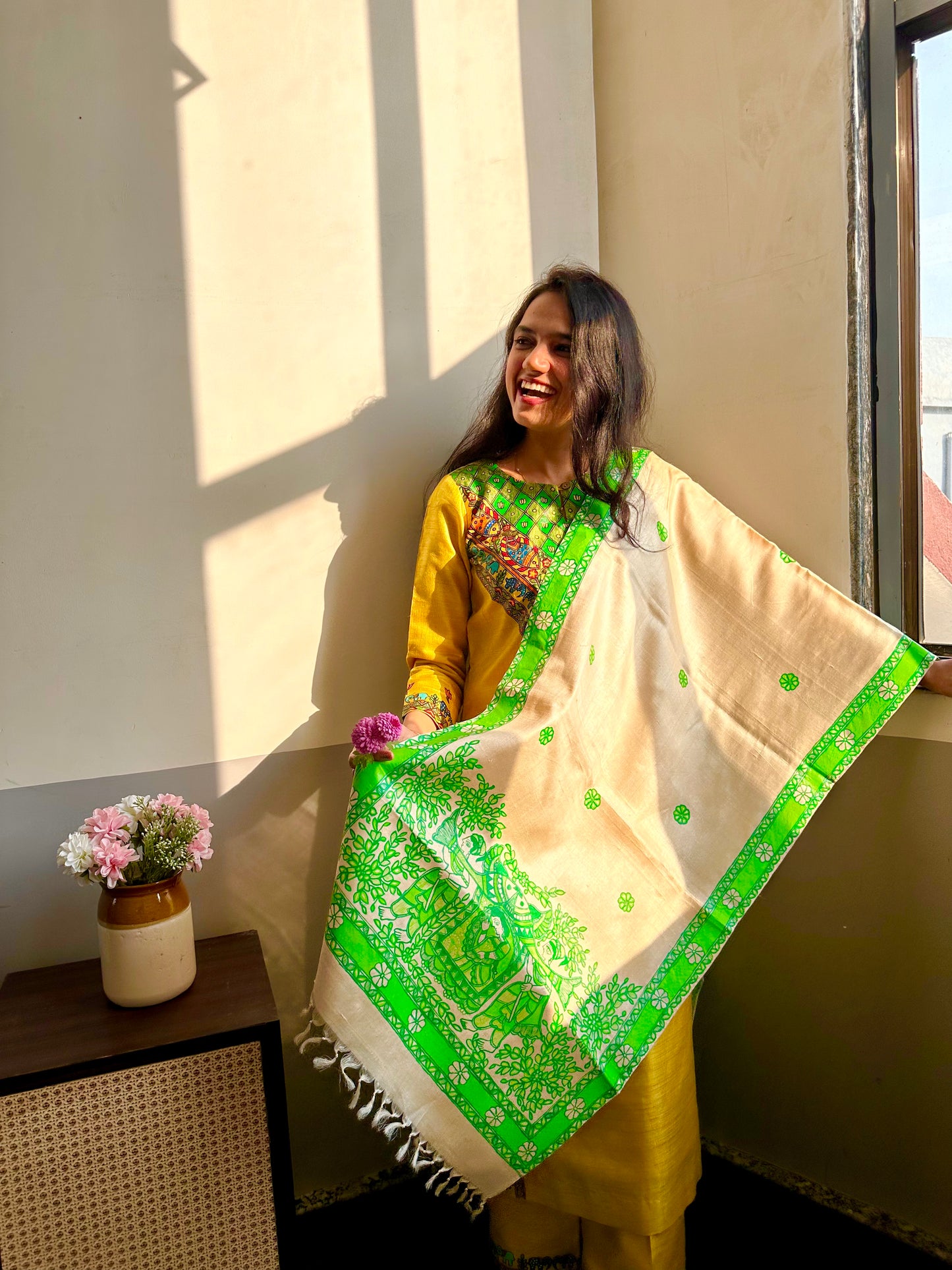 Doli  Madhubani Hand-painted Tussar Silk Stole