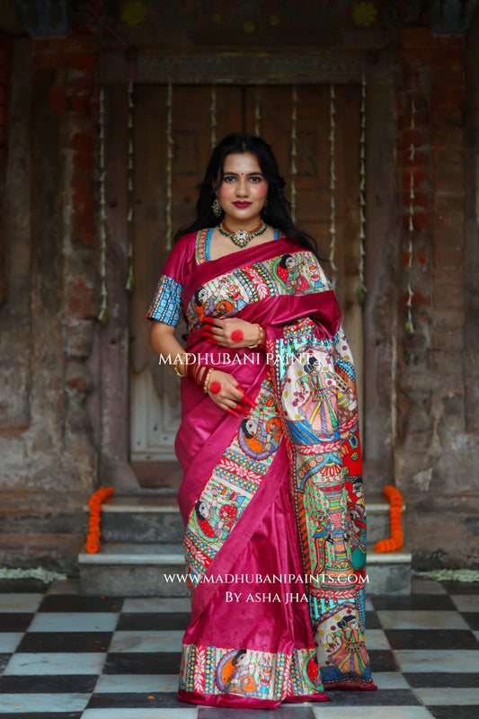 KAMAKHYA Handpainted Tussar Silk Madhubani Saree