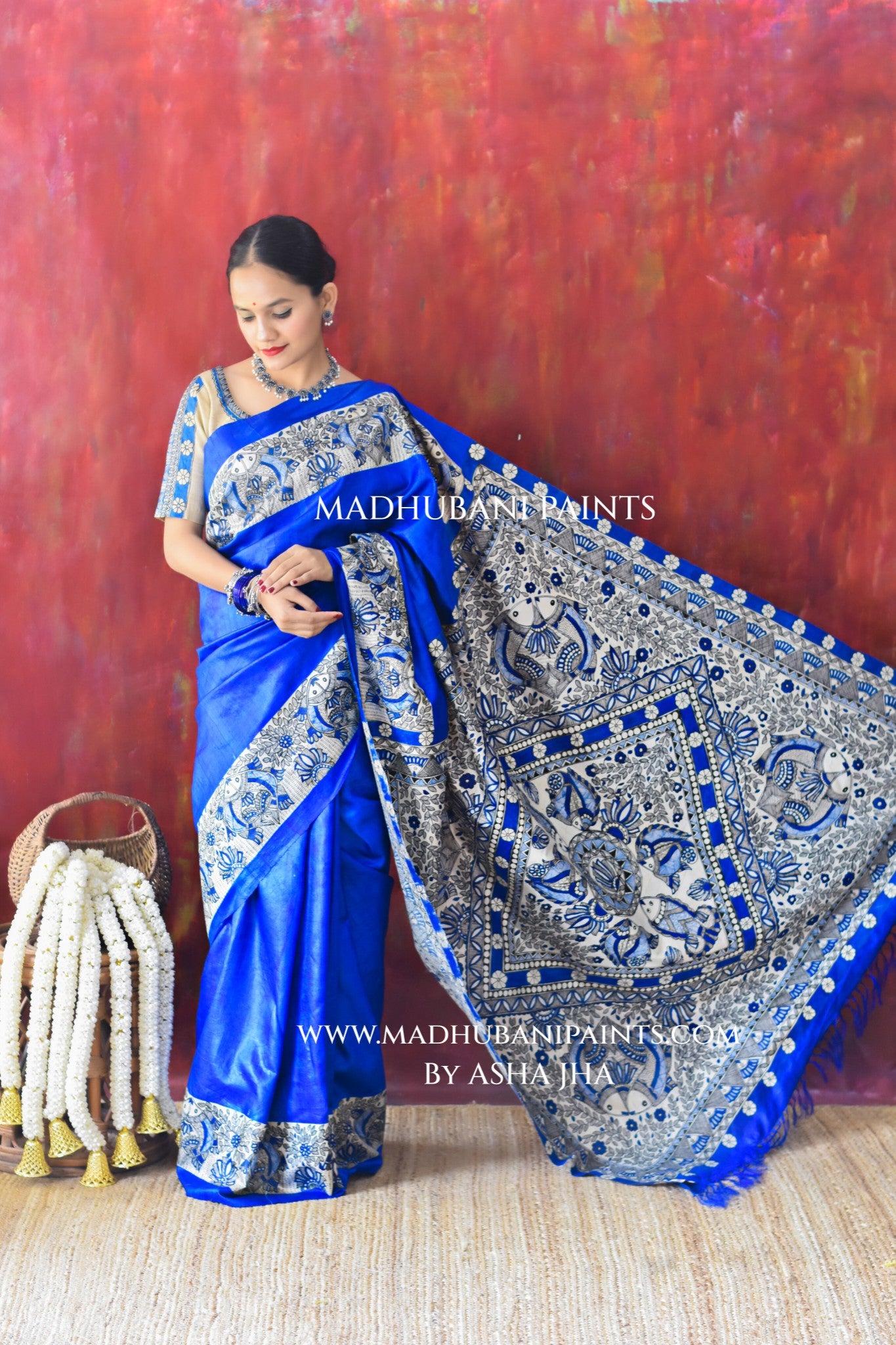 'SAUNDARYA' Hand-painted Madhubani Tussar Silk Saree Blouse Set