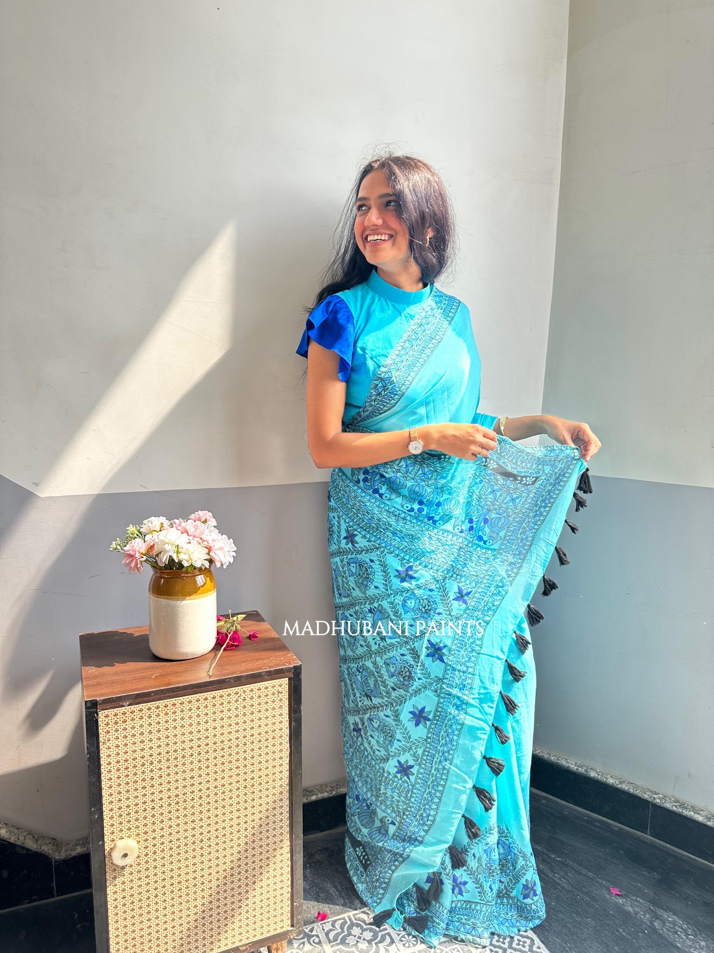 NEELAMBARI Hand-painted Madhubani Chiffon Saree Blouse Set