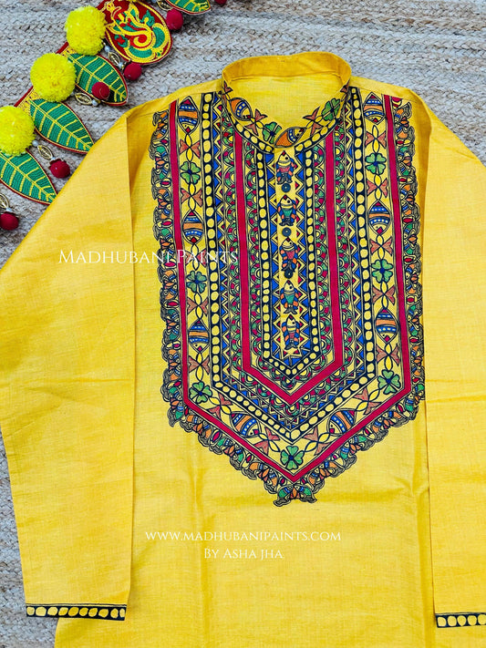 Yellow Surmai Kamal Hand-painted Madhubani Men's Cotton Kurta