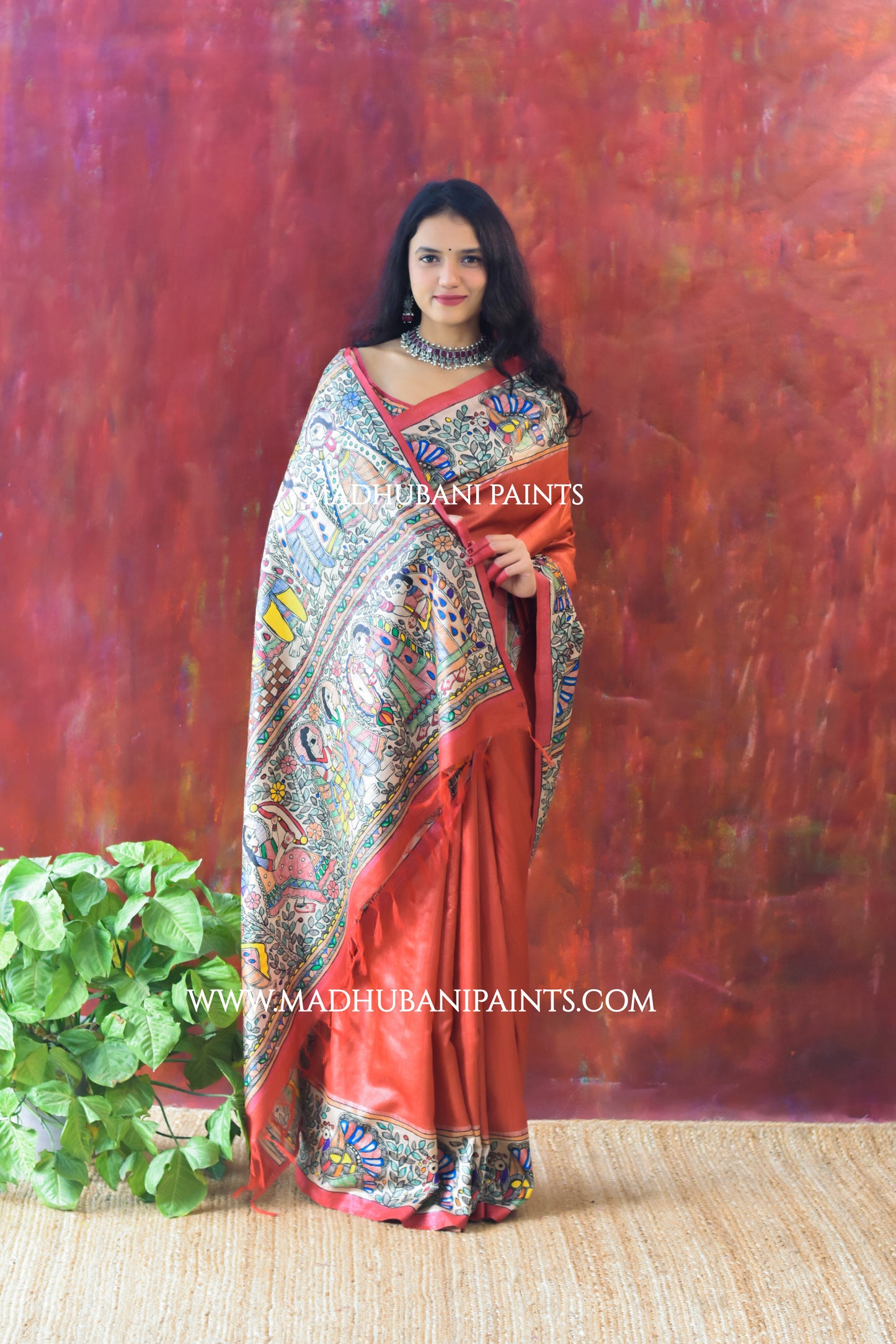 "Laal Ramayan" Hand-painted Madhubani Tussar Silk Saree Blouse Set